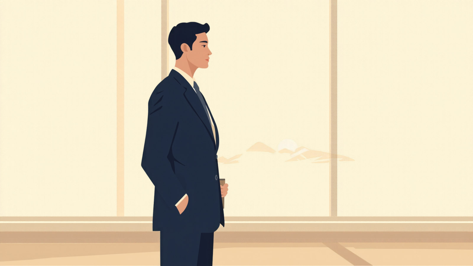 オフィスの大きな窓のそばに立ち、遠くの山並みを見つめている経営者