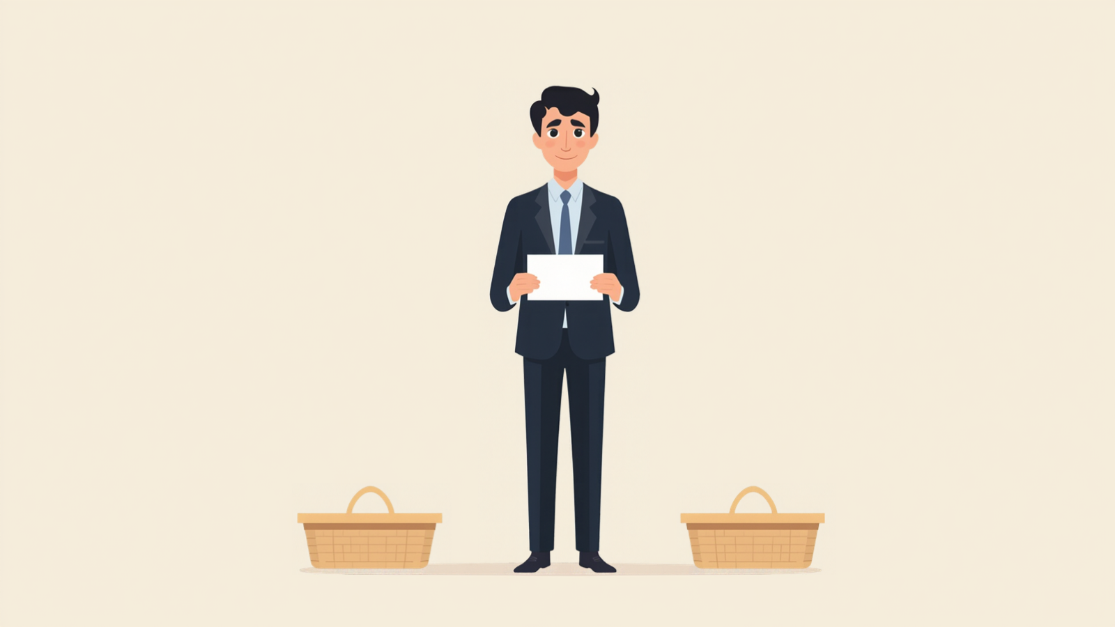 床に置いた2つのかごの間に立ち、白いカードを手にどちらへ入れるかを考えている経営者