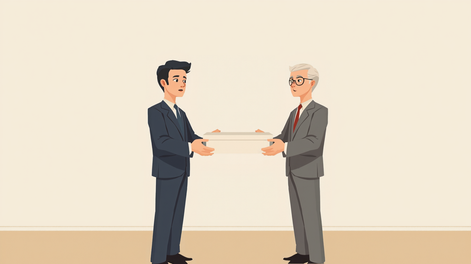 無地の白い箱を両手で差し出す経営者と、受け取る白髪に眼鏡の税理士
