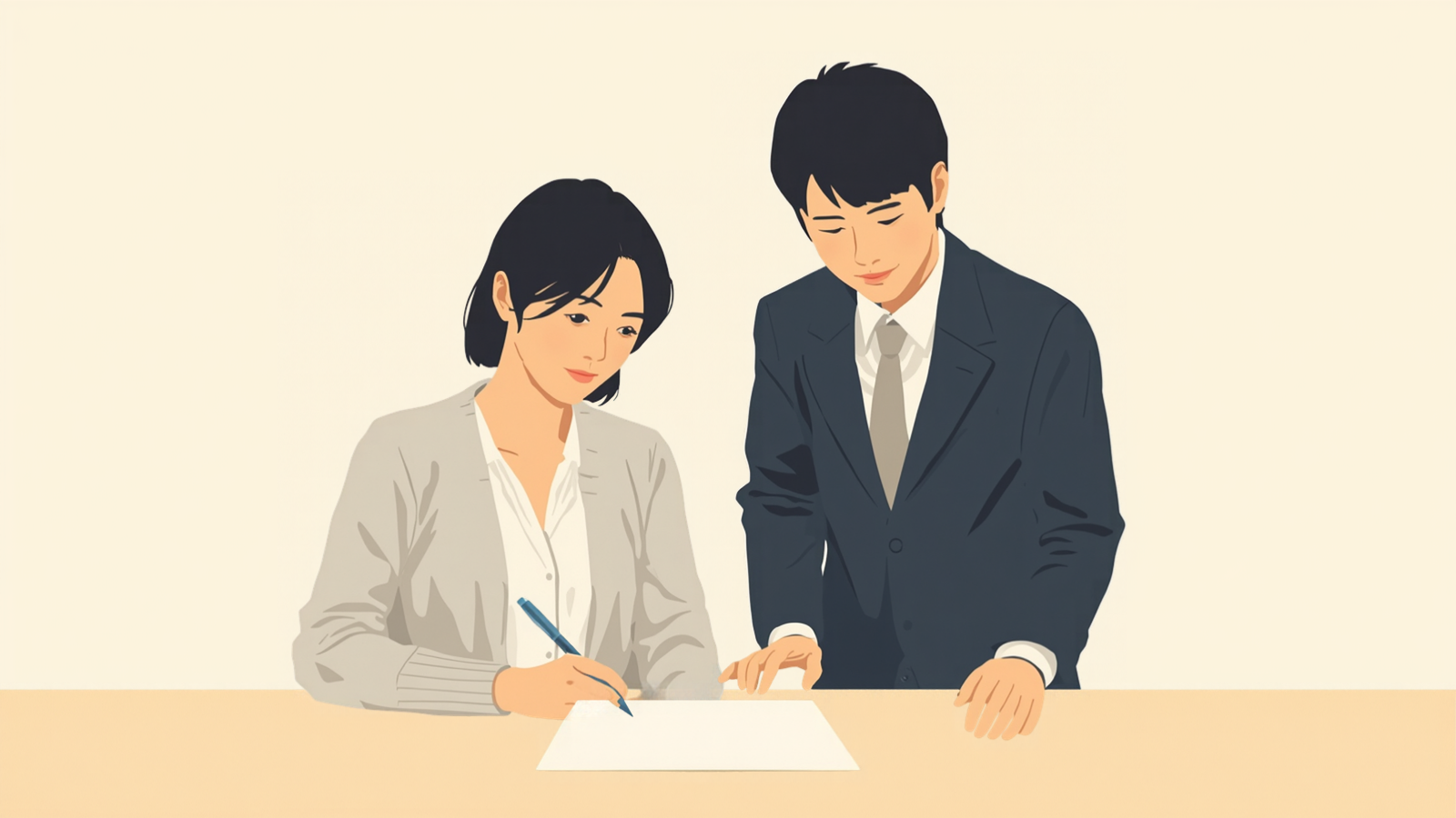 机に向かってペンを持つ若い女性社員と、その横に立って同じ紙をのぞき込む経営者