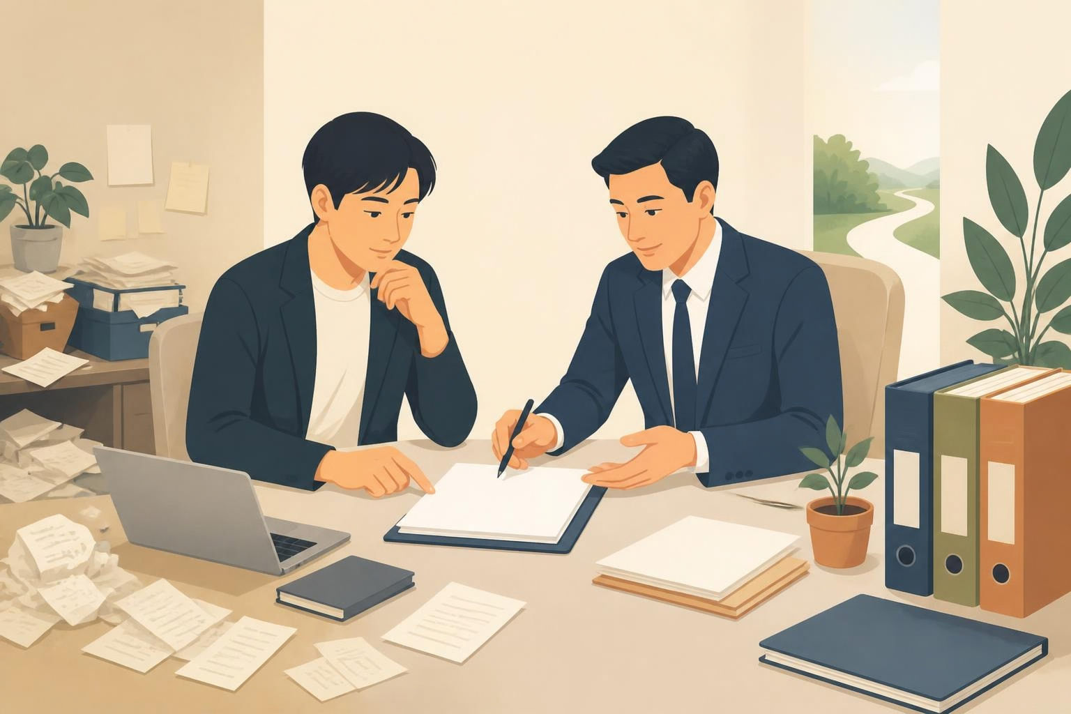 机をはさんで向かい合って座り、フリーランスが税理士に税務相談をしている