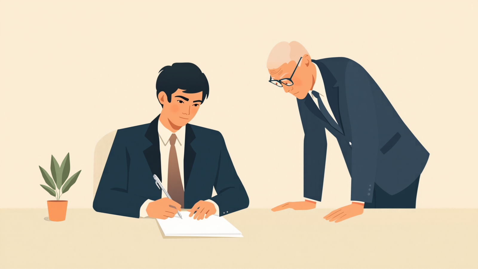 机に向かって座りペンで真っ白な紙に書き込む個人事業主と、そのすぐ横に立って前かがみに同じ紙をのぞき込む白髪に眼鏡の税理士