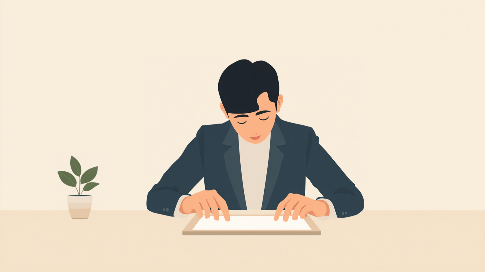 机に向かって座り、机の上に平らに置いた無地のタブレットに指先を触れながらその面に目を落としている個人事業主