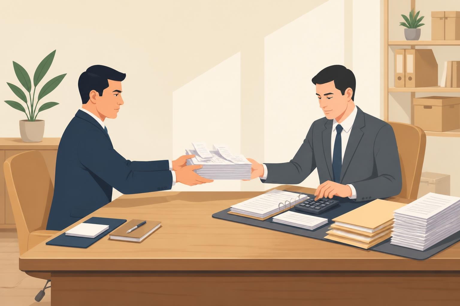 税理士への丸投げをしようと税理士へ書類を手渡す経営者