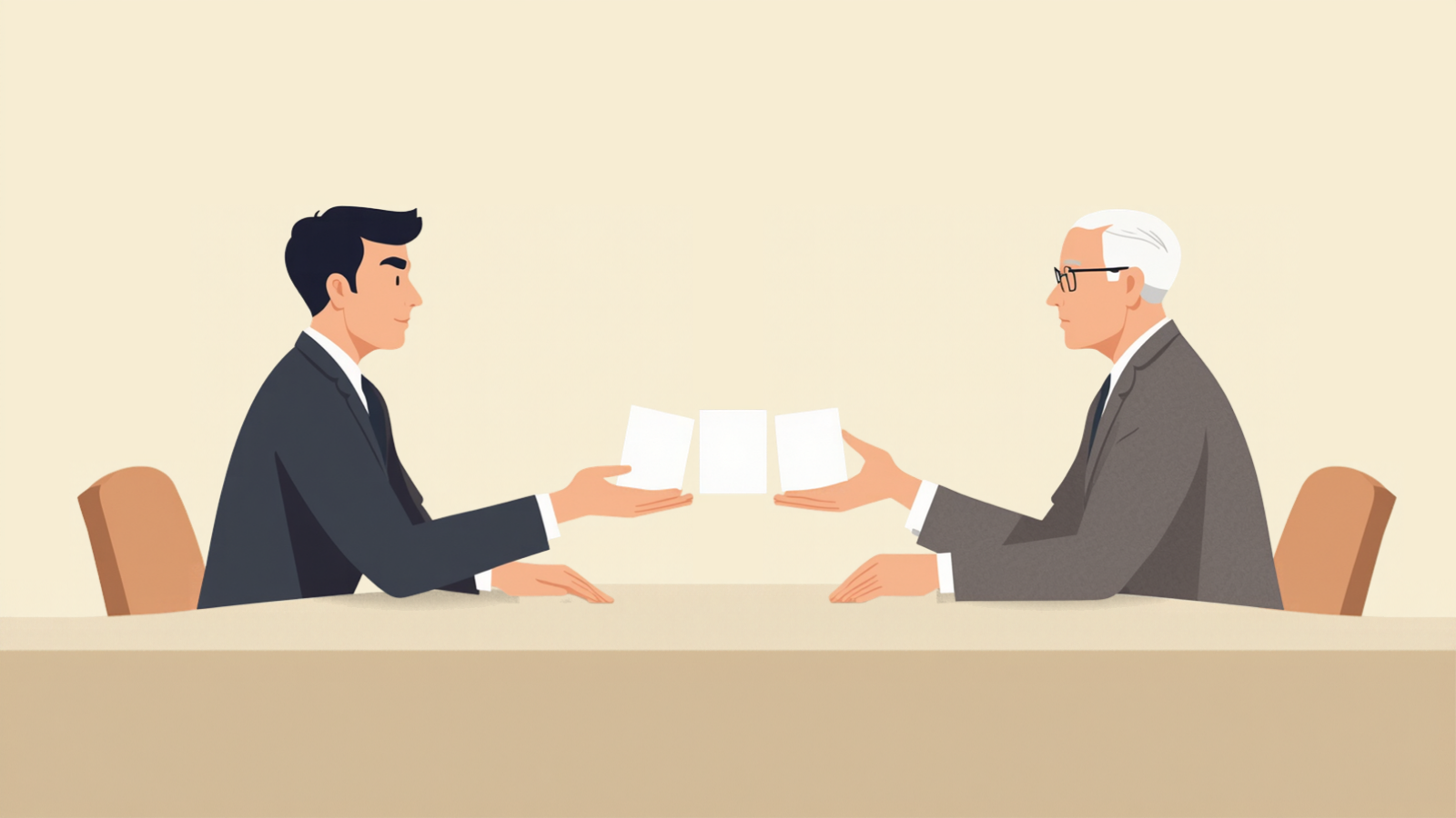 机をはさんで、真っ白なカードを3枚手渡す経営者と、受け取る白髪に眼鏡の税理士