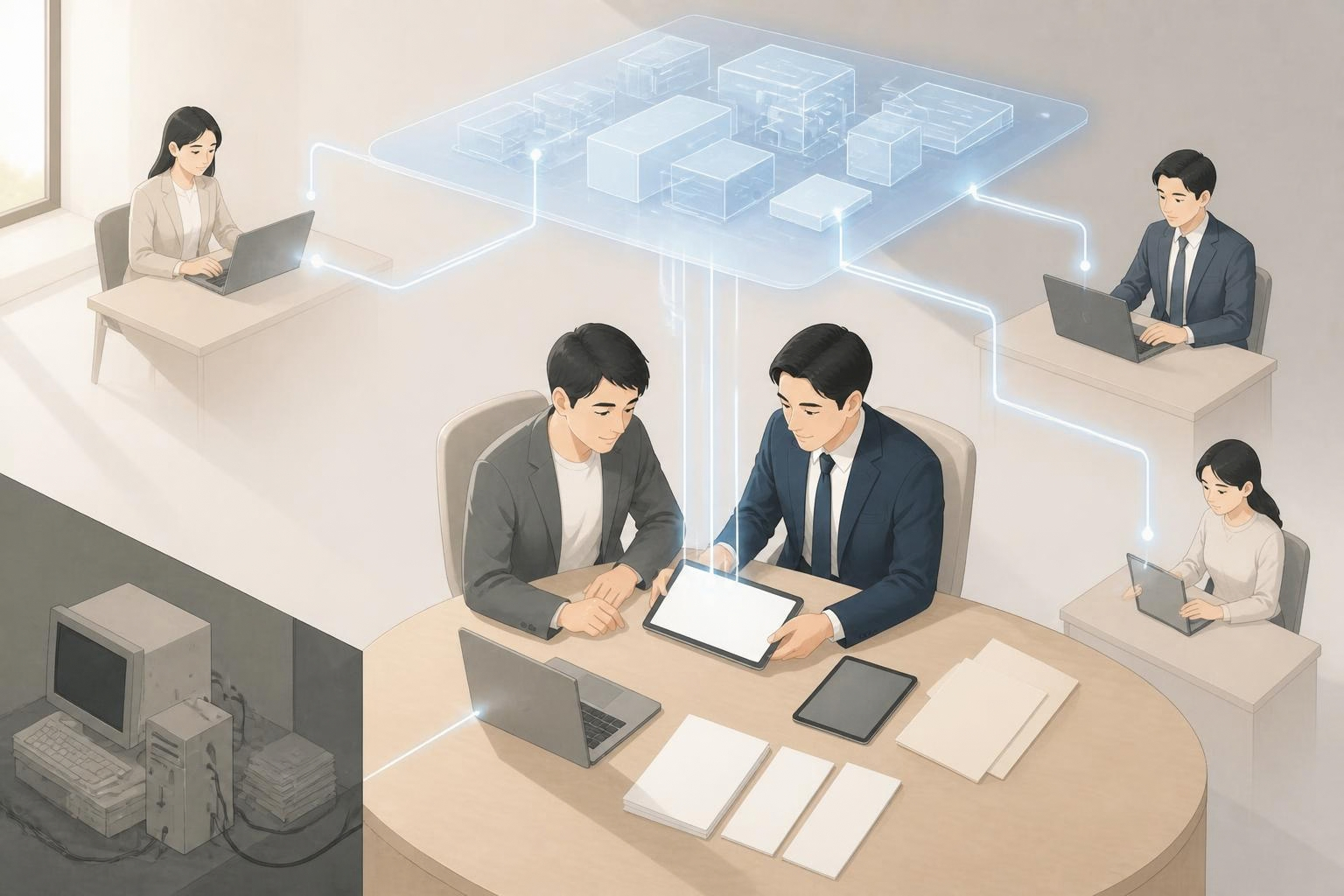 机をはさんで向かい合って座り、税理士がクラウド会計導入相談に誠実に対応している