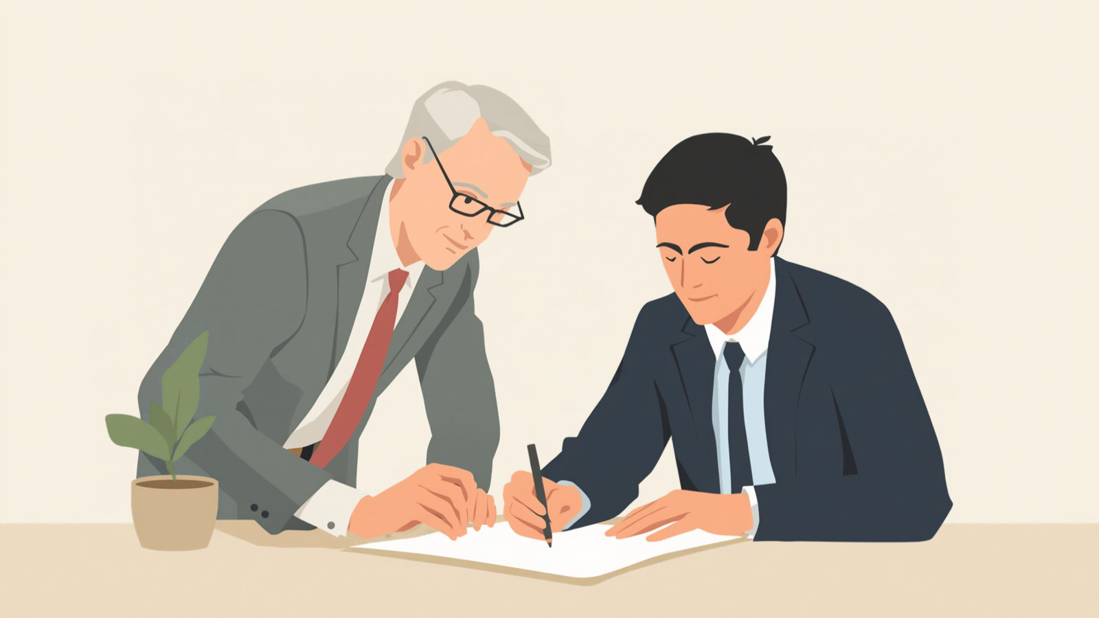 机に向かって座りペンで真っ白な紙に書き込む経営者と、そのすぐ横に立って前かがみに同じ紙をのぞき込む白髪に眼鏡の税理士