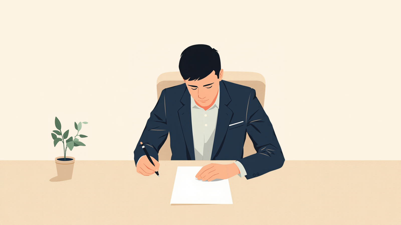 机に向かって座り、机の上に平らに置いた真っ白な紙に右手でペンを持って書き込んでいる経営者