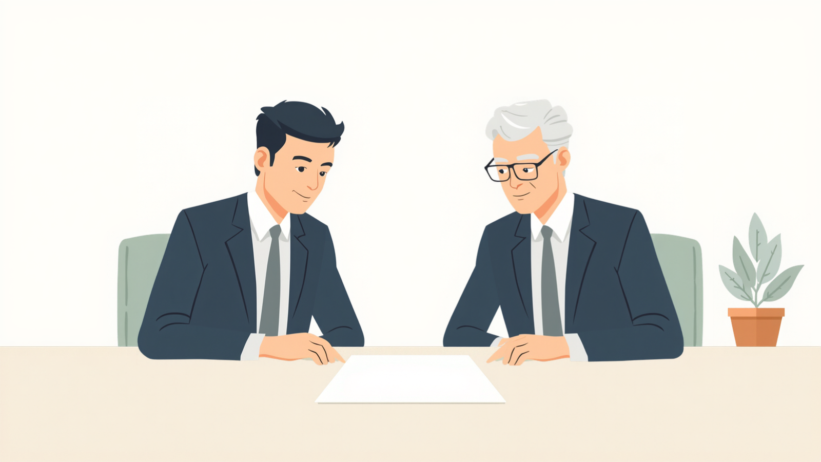 明るいオフィスで、濃紺のスーツの経営者と白髪に眼鏡の税理士が机の同じ側に並んで座り、机の上に置いた真っ白な無地の紙を二人でのぞき込んでいるイラスト