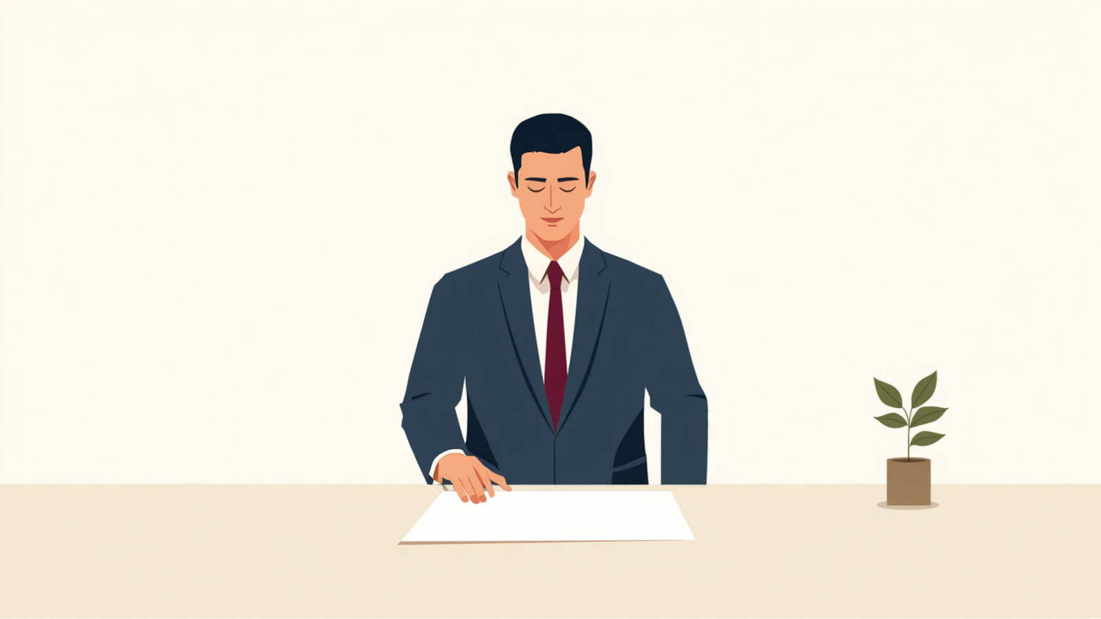 机の手前に立った男性が、届いた無地の書類に手を添えて目を通しているイラスト