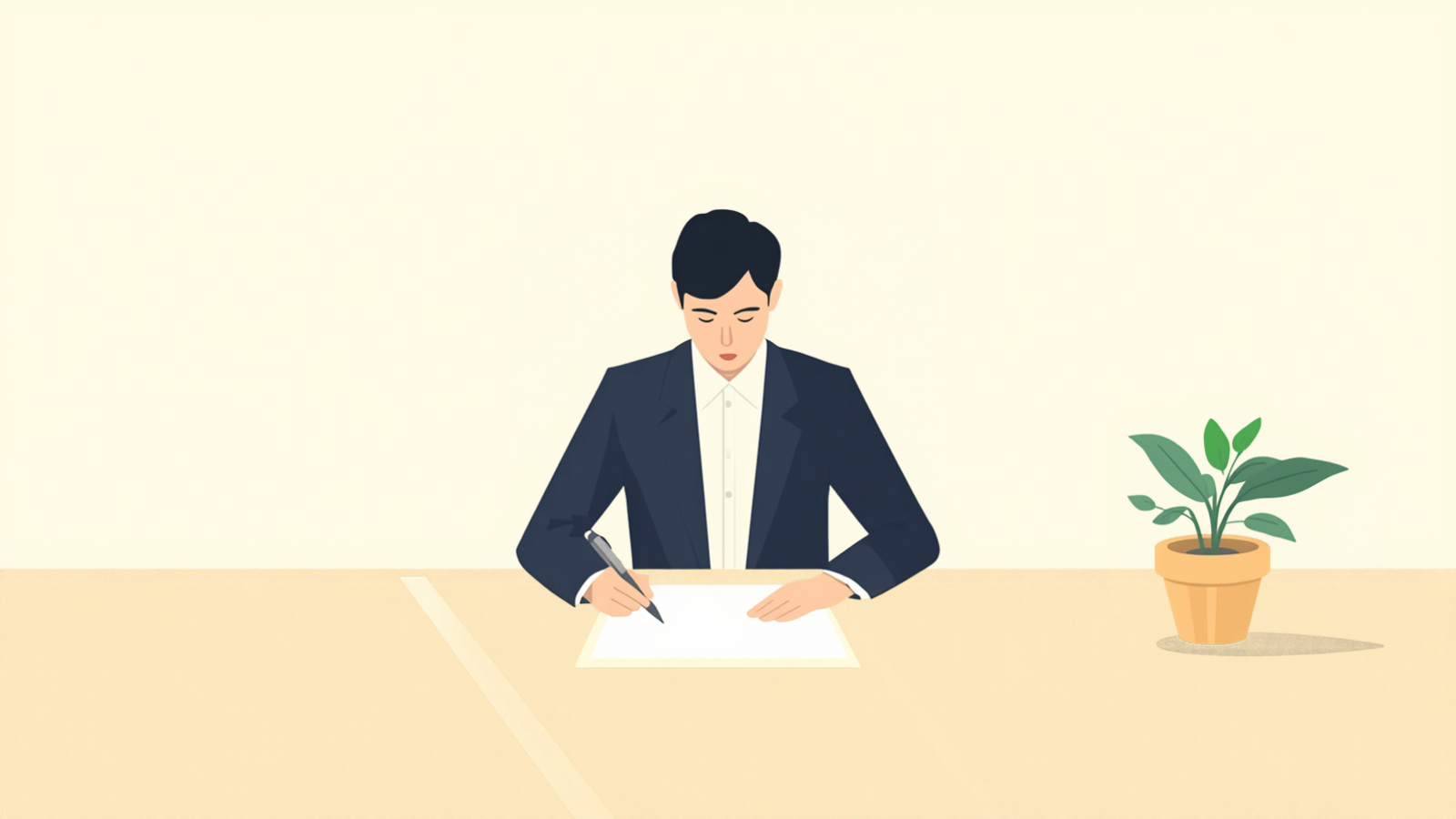 机に向かって座った男性が、無地の書類にペンで書きとめているイラスト