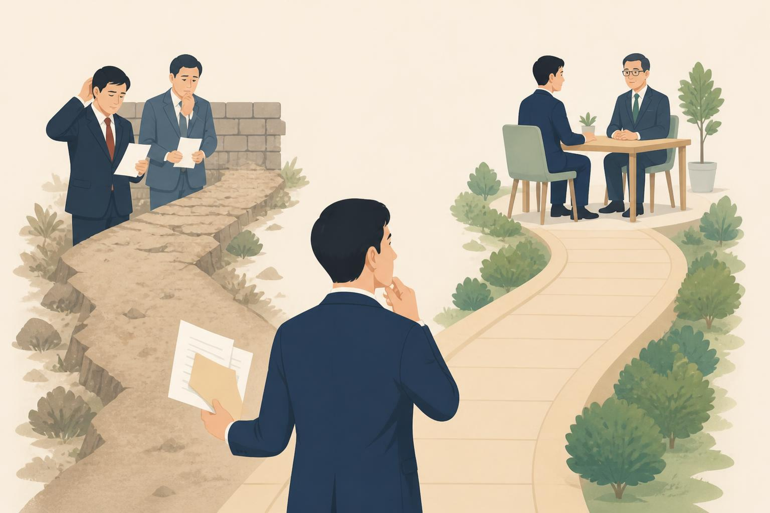 税理士探しの成功と失敗の岐路に立っている経営者のイラスト