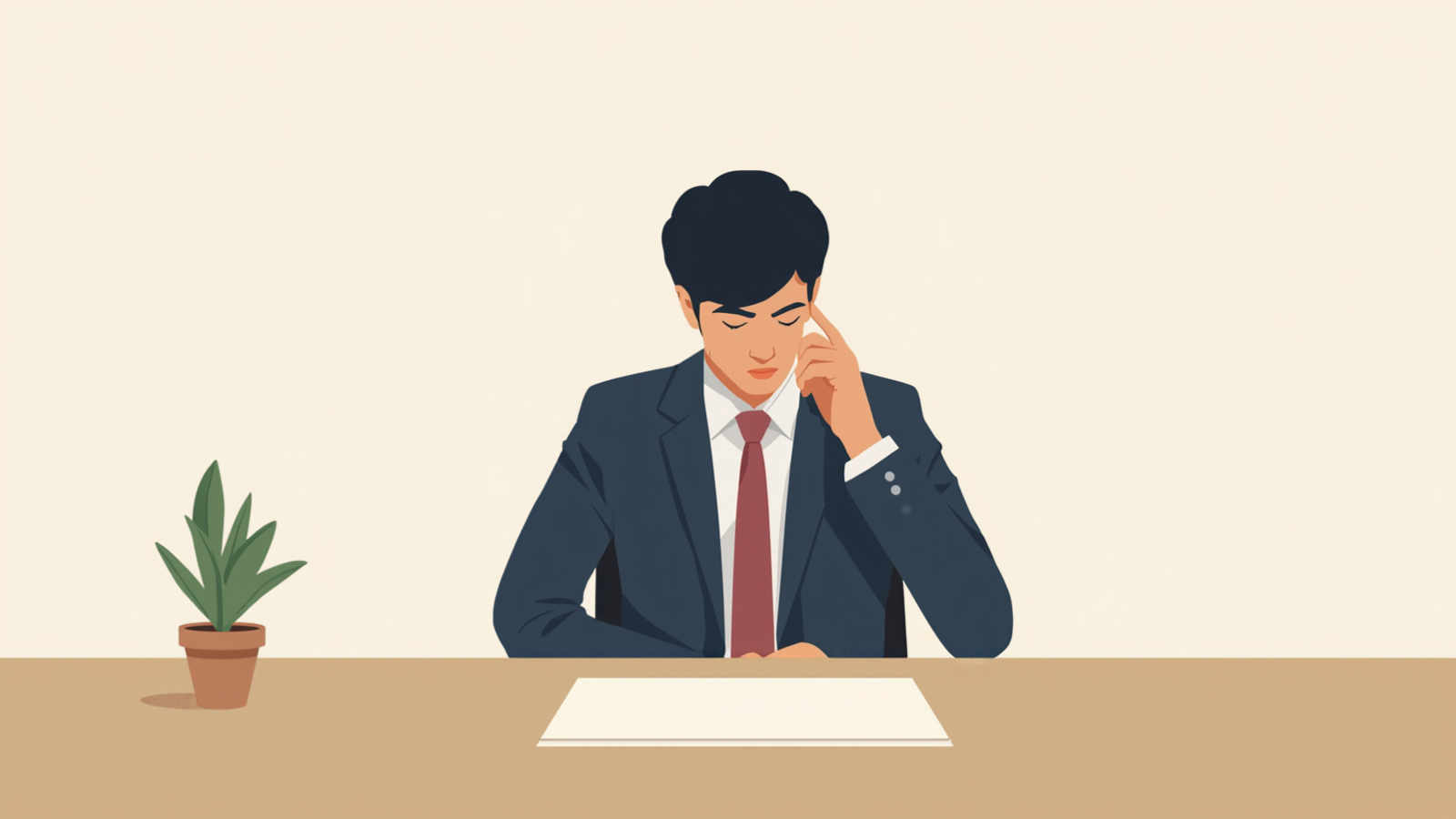 机に向かって座り、机の上の白い紙を前に右手を頬に添えて静かに考え込んでいる経営者
