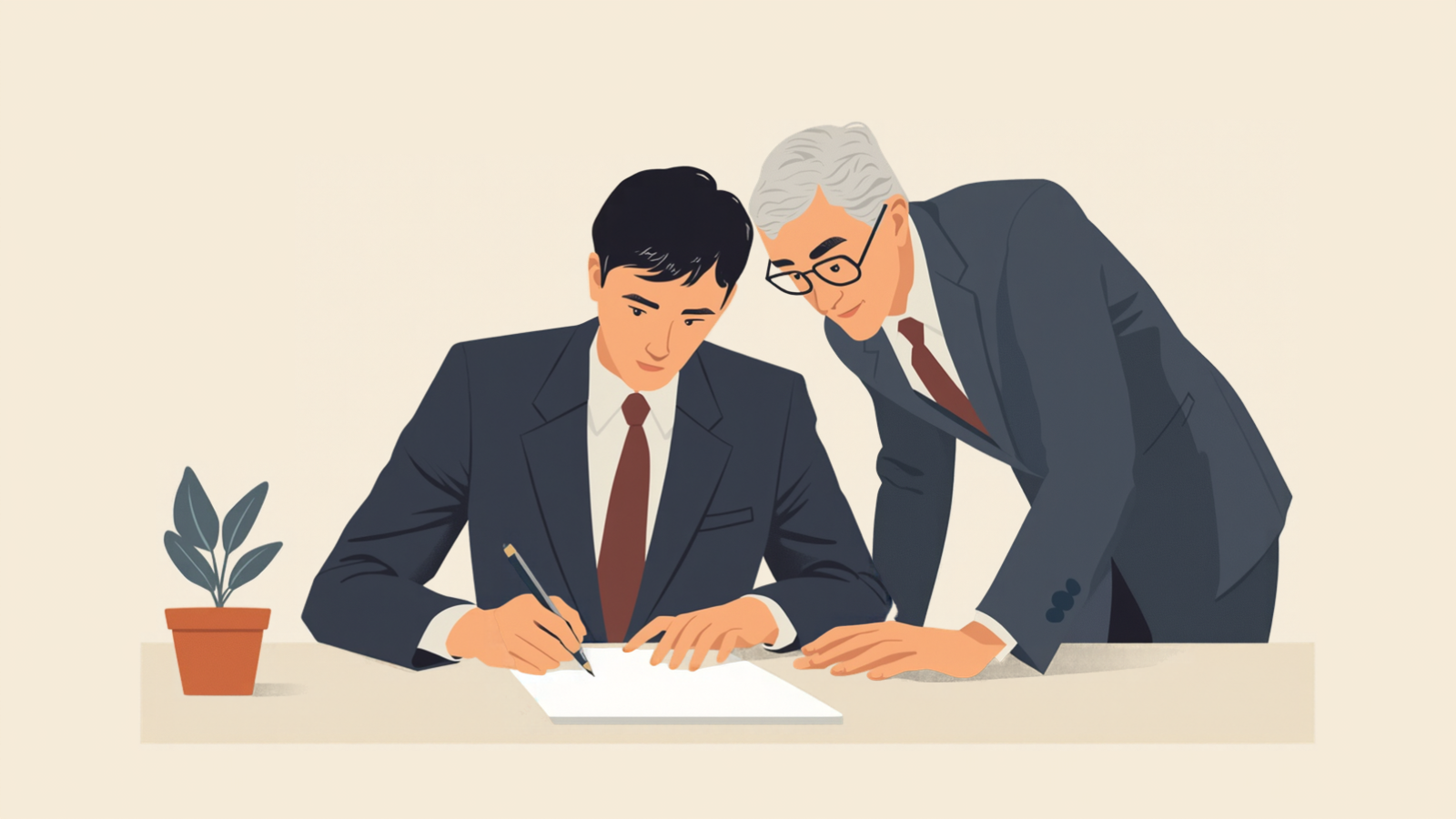 机に向かって座りペンで白い紙に書き込む経営者と、そのすぐ横に立って前かがみに同じ紙をのぞき込む税理士