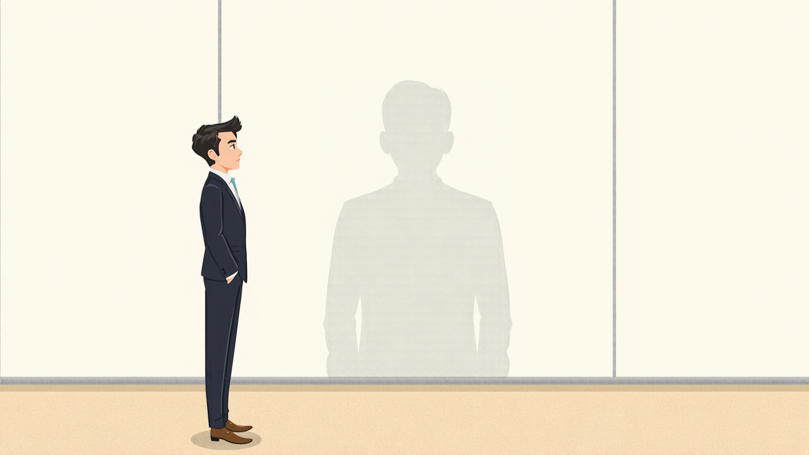すりガラスの間仕切りの向こうにぼんやり透ける人影を見つめている経営者