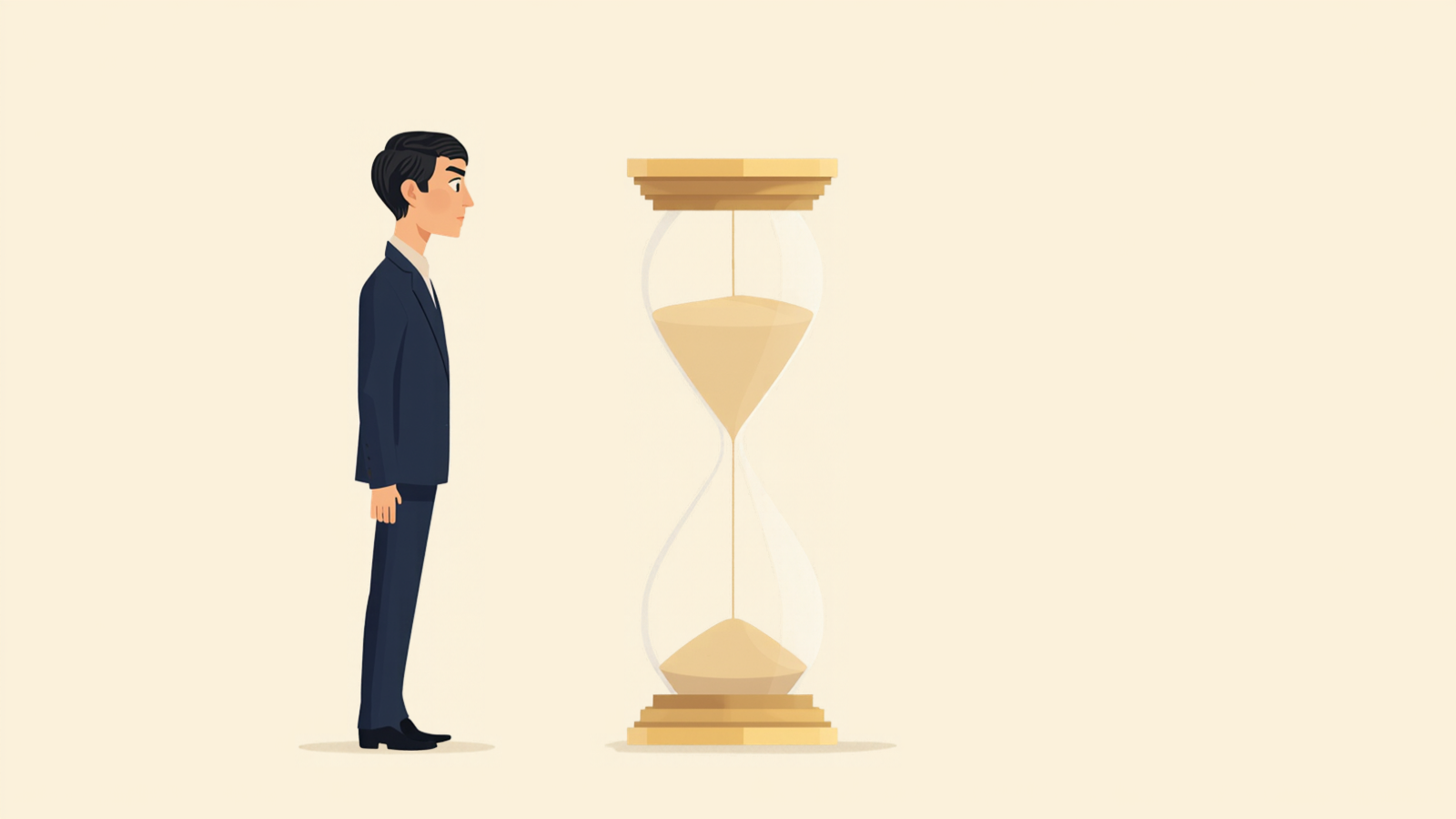 背の高い大きな砂時計の横に立ち、落ちていく砂を見つめている経営者