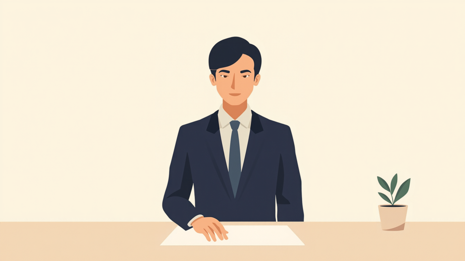 机の手前に立ち、机の上の紙に右手を添えて見ている個人事業主