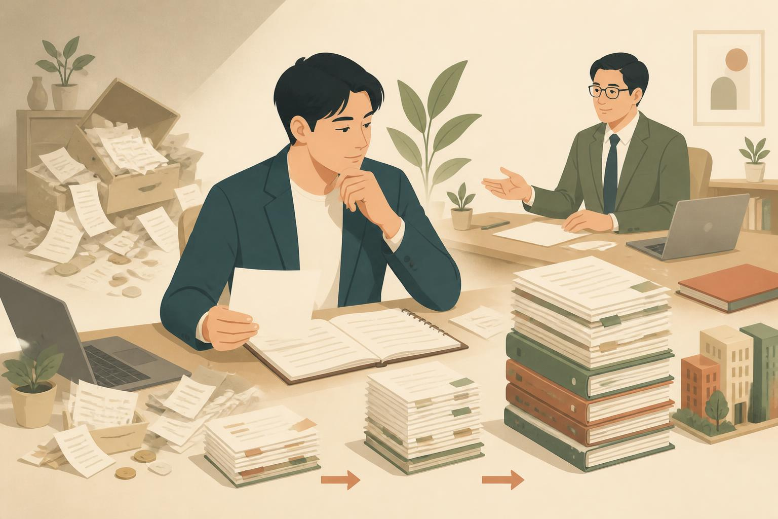 個人事業主が税理士と契約するべきタイミングがいつなのか考えているイラスト