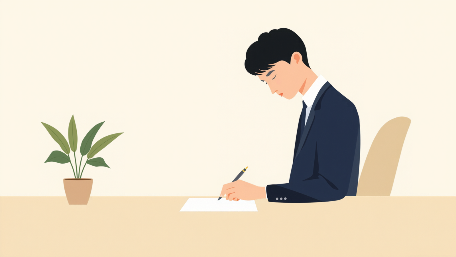 机に向かって座り、紙にペンで書き込んでいる個人事業主