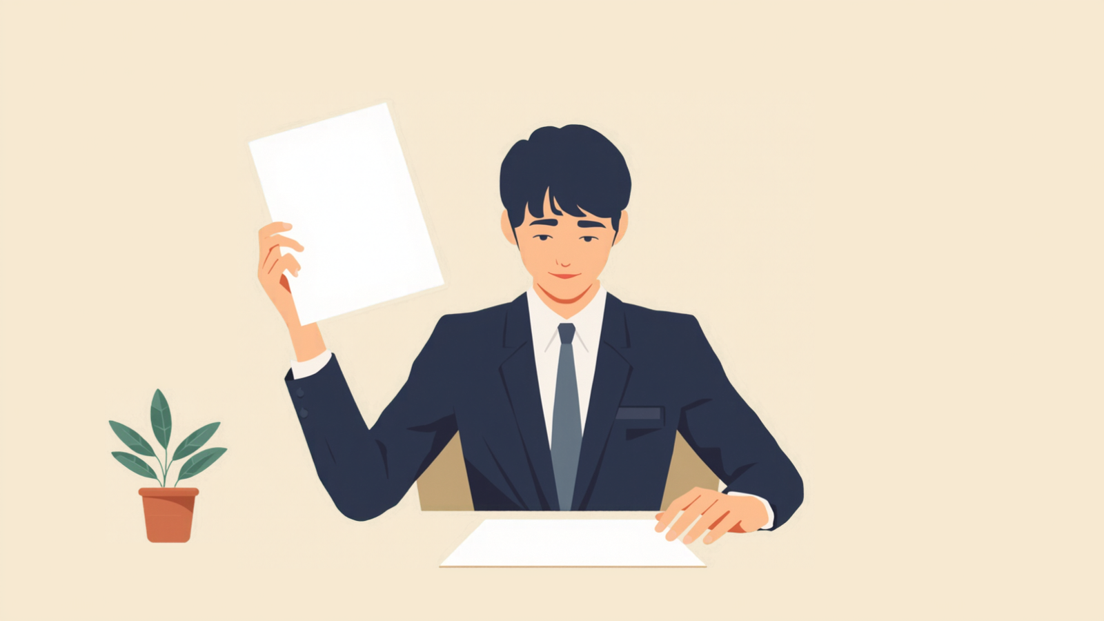 机に向かって座り、紙を1枚持ち上げもう1枚を机の上で押さえている個人事業主