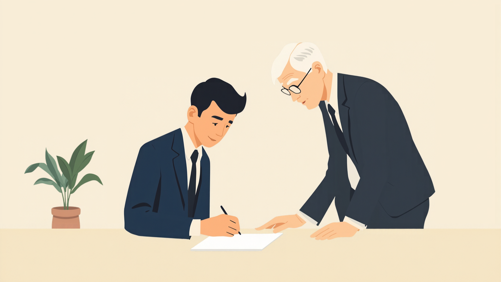 机に向かって座る経営者が白い紙にペンで書き込み、白髪に眼鏡の税理士が横に立って同じ紙をのぞき込んでいるイラスト