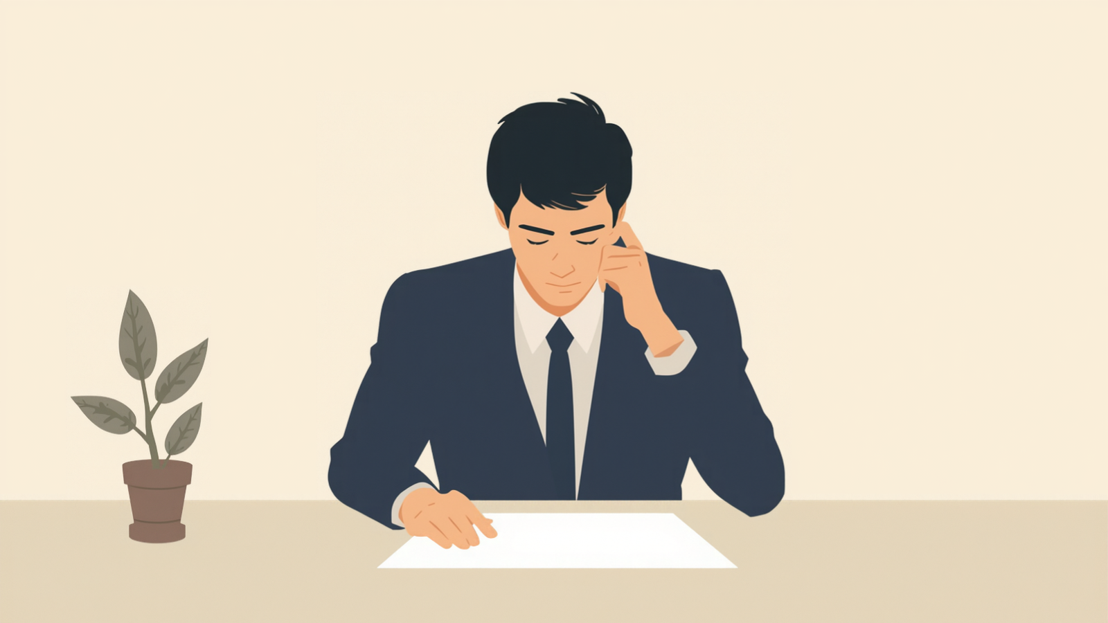 経営者が机の上の白い紙に片手を添え、もう一方の手を頬に当てて静かに考えているイラスト