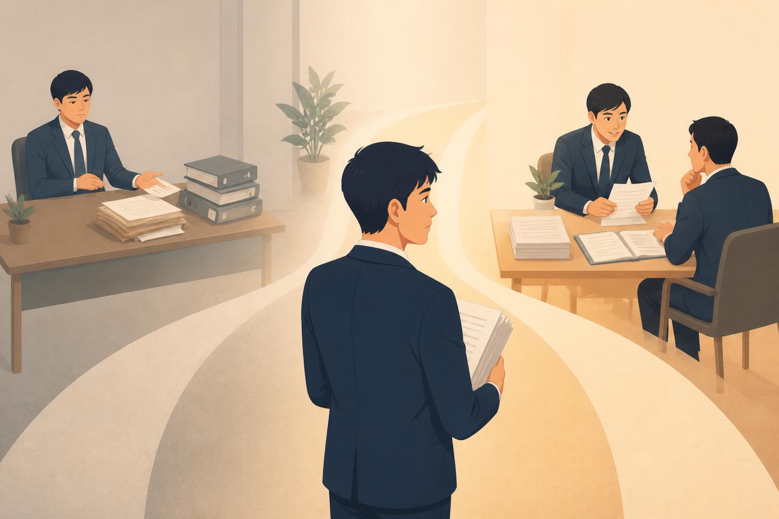 税理士変更の成功と失敗の分かれ道を表現したイラスト