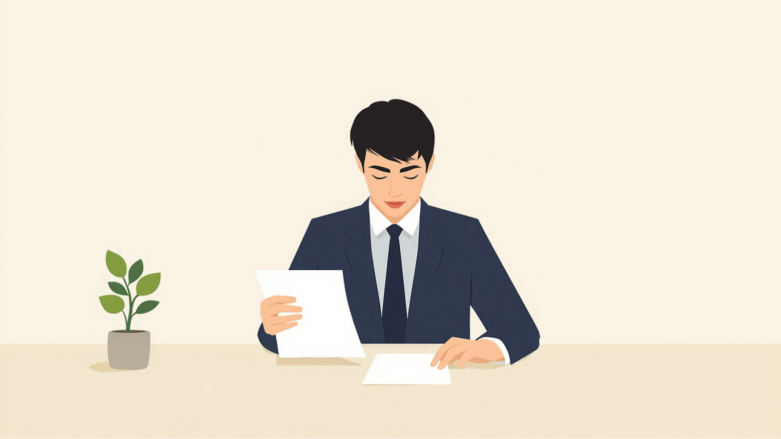 経営者が机に向かい、白い紙を1枚だけ手に持ち上げ、もう1枚を机の上に置いて見比べているイラスト
