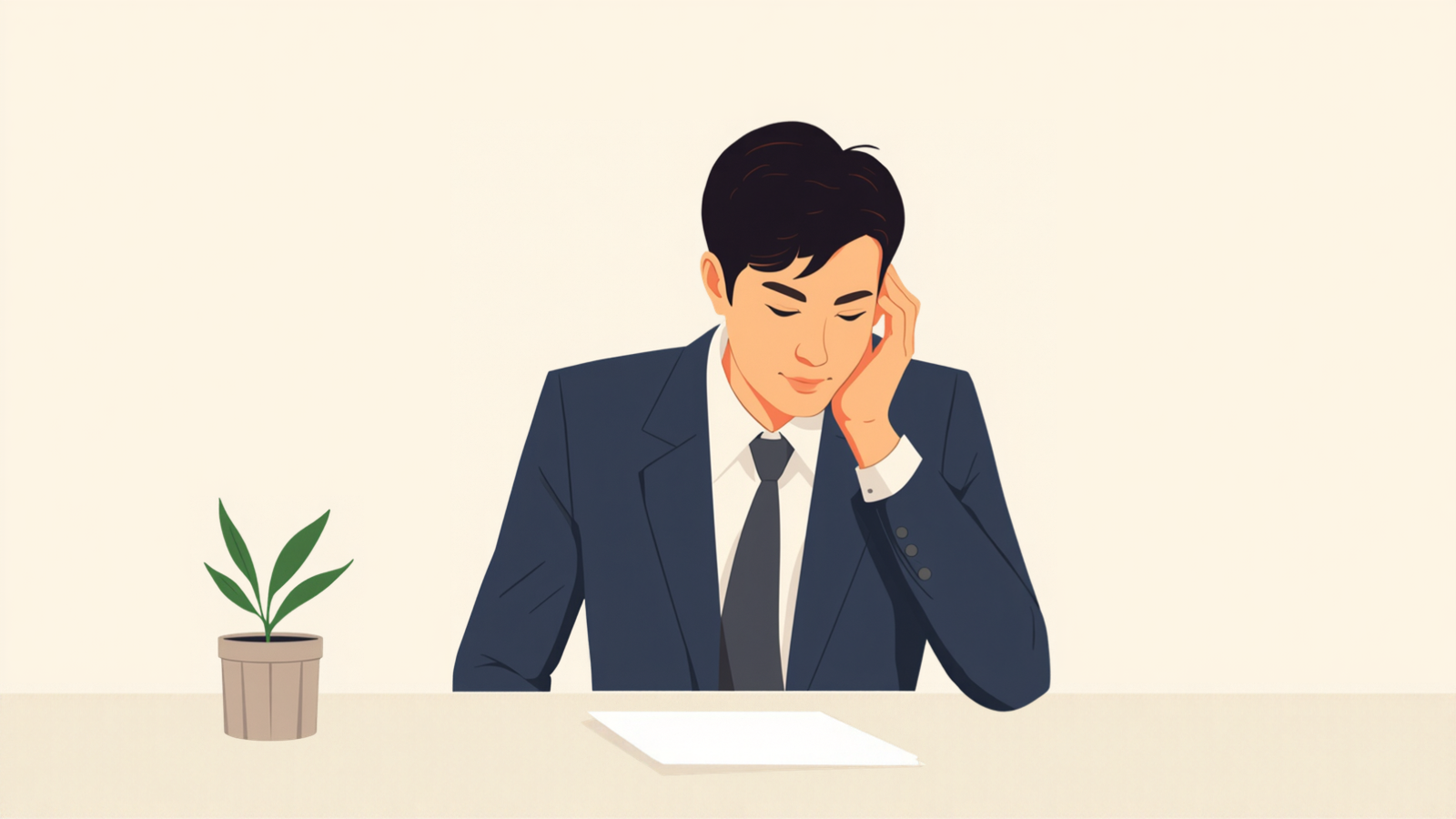 濃紺のスーツの経営者が机に向かって座り、机の上の白い紙を前に手を頬に添えて静かに考えているイラスト