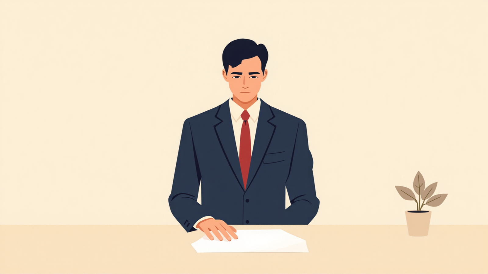 濃紺のスーツの経営者が机の手前に立ち、机の上の白い紙に手を添えているイラスト