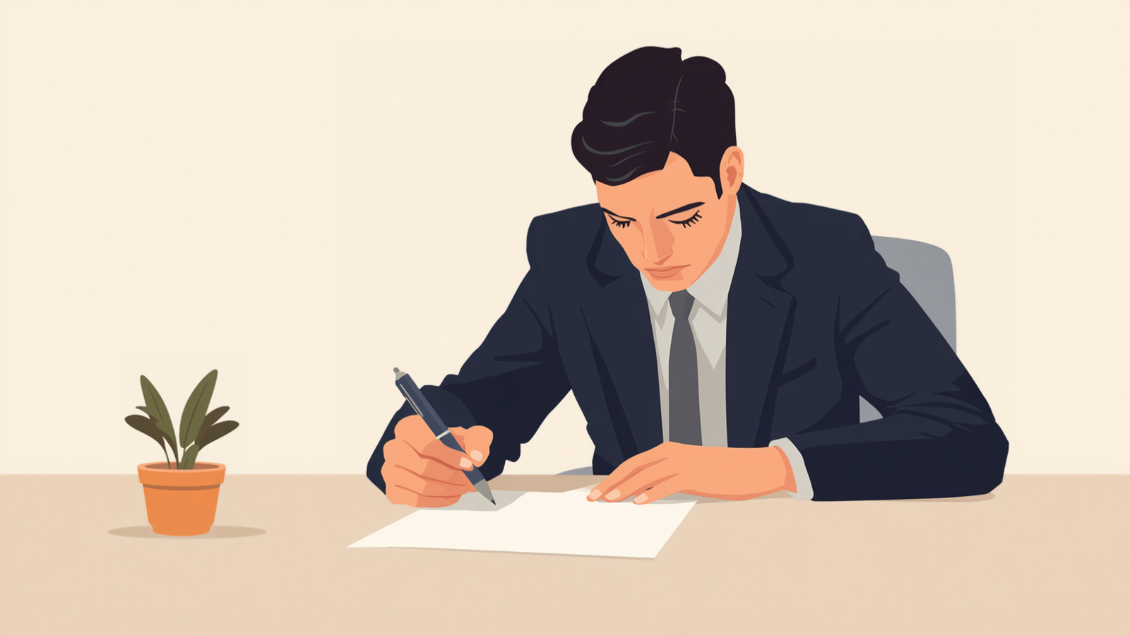 経営者が机に向かって座り、白い紙にペンで書き込んでいるイラスト
