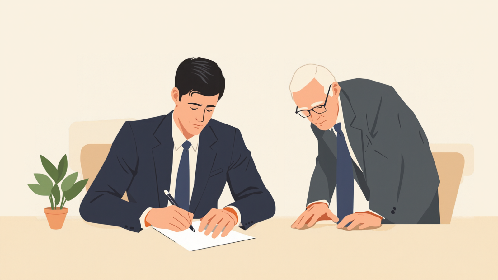 机に向かって座る経営者が白い紙にペンで書き込み、白髪に眼鏡の税理士が横に立って同じ紙をのぞき込んでいるイラスト