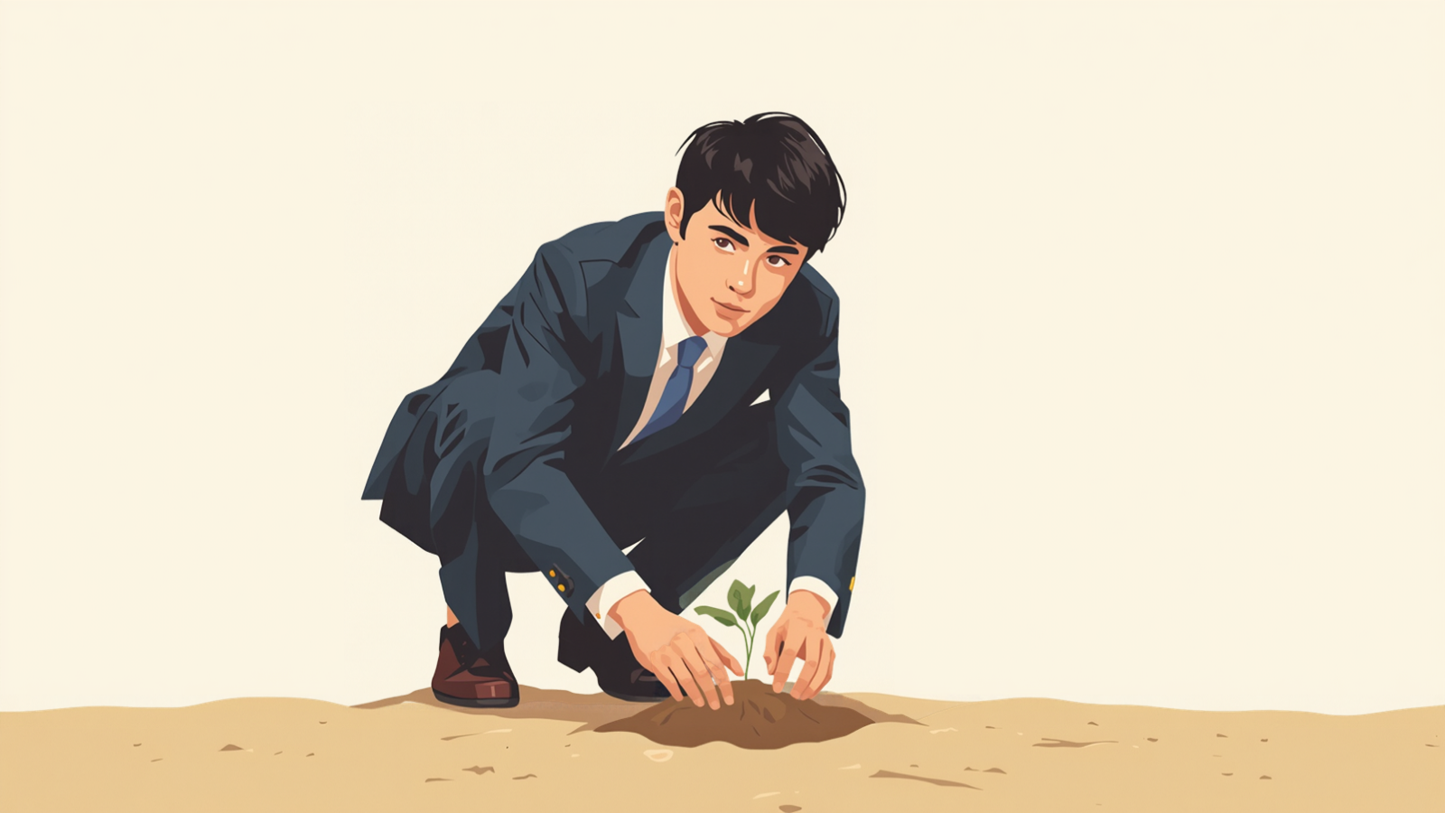 庭にしゃがみ、小さな苗木を植えて根元を整えている経営者