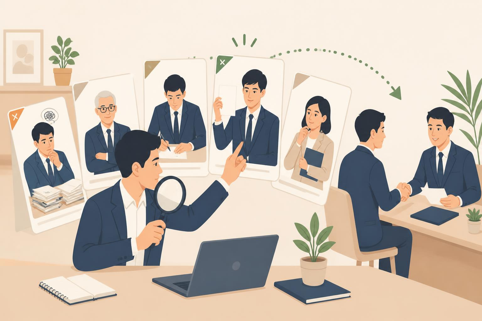 どの税理士紹介サイトに依頼するか特徴を洗い出している経営者のイラスト