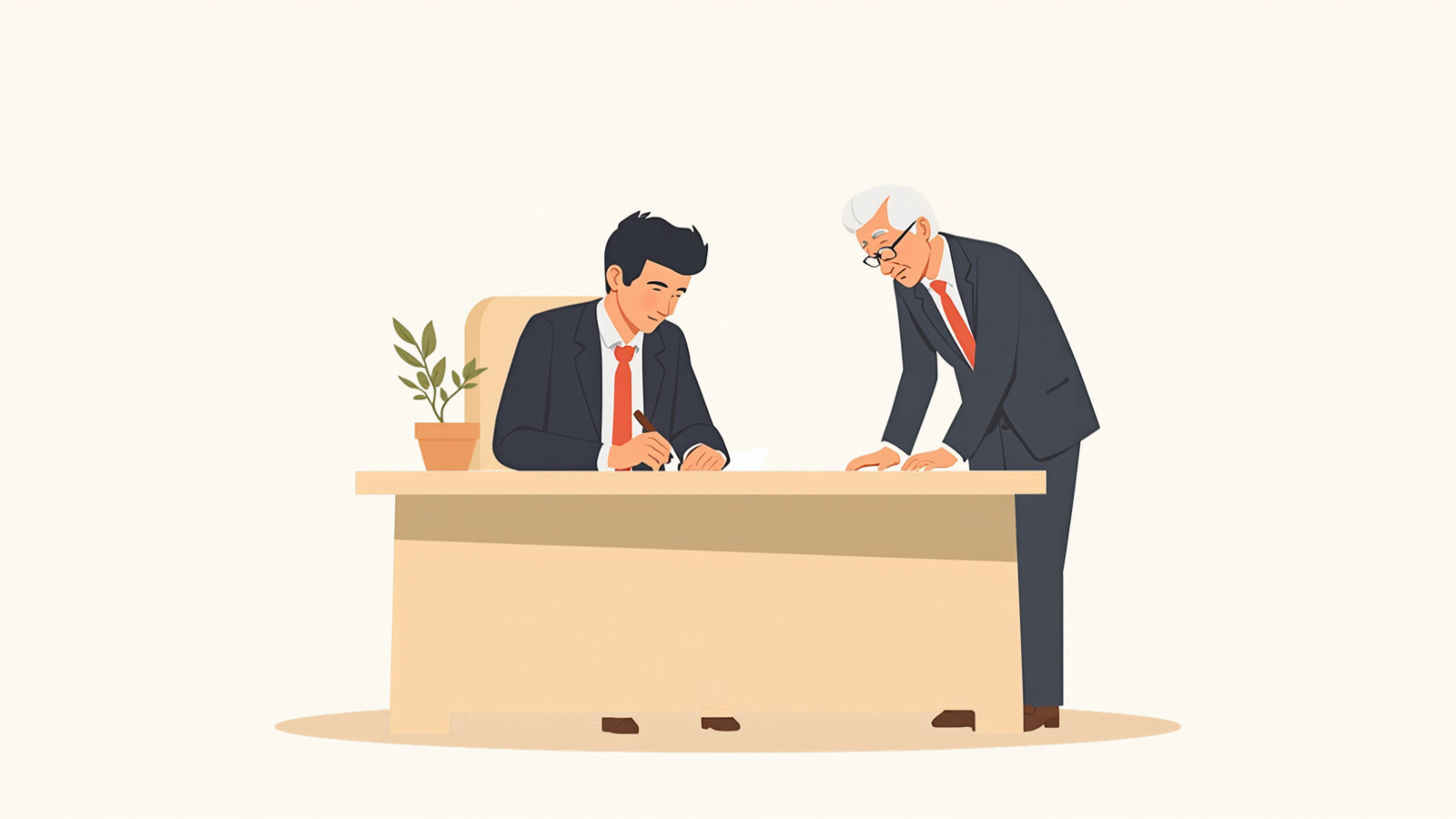 経営者が机で紙にペンで書き込み、税理士が横に立って同じ紙をのぞき込んでいる