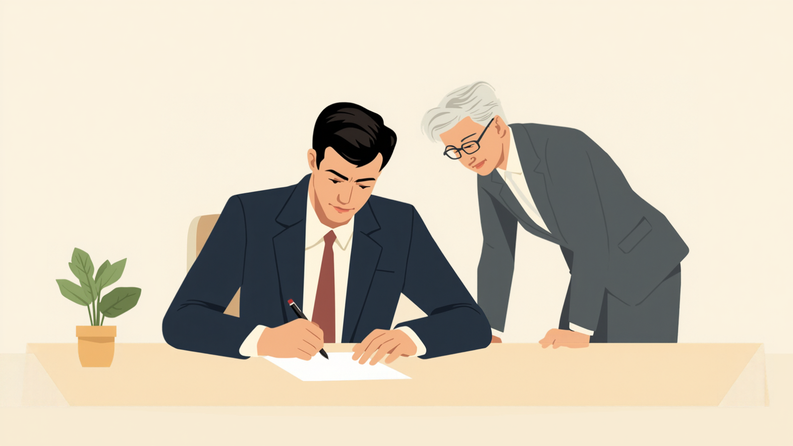 机に向かって座る経営者が白い紙にペンで書き込み、白髪に眼鏡の税理士が横に立って同じ紙をのぞき込んでいるイラスト