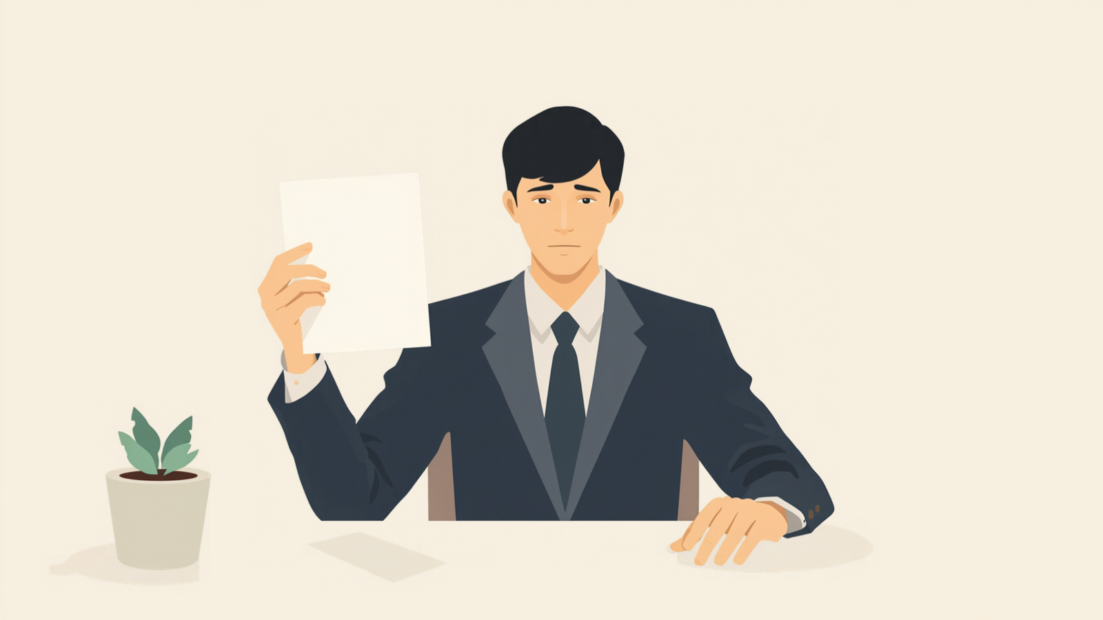 経営者が机に向かい、白い紙を1枚だけ手に持ち上げ、もう1枚を机の上に置いて見比べているイラスト