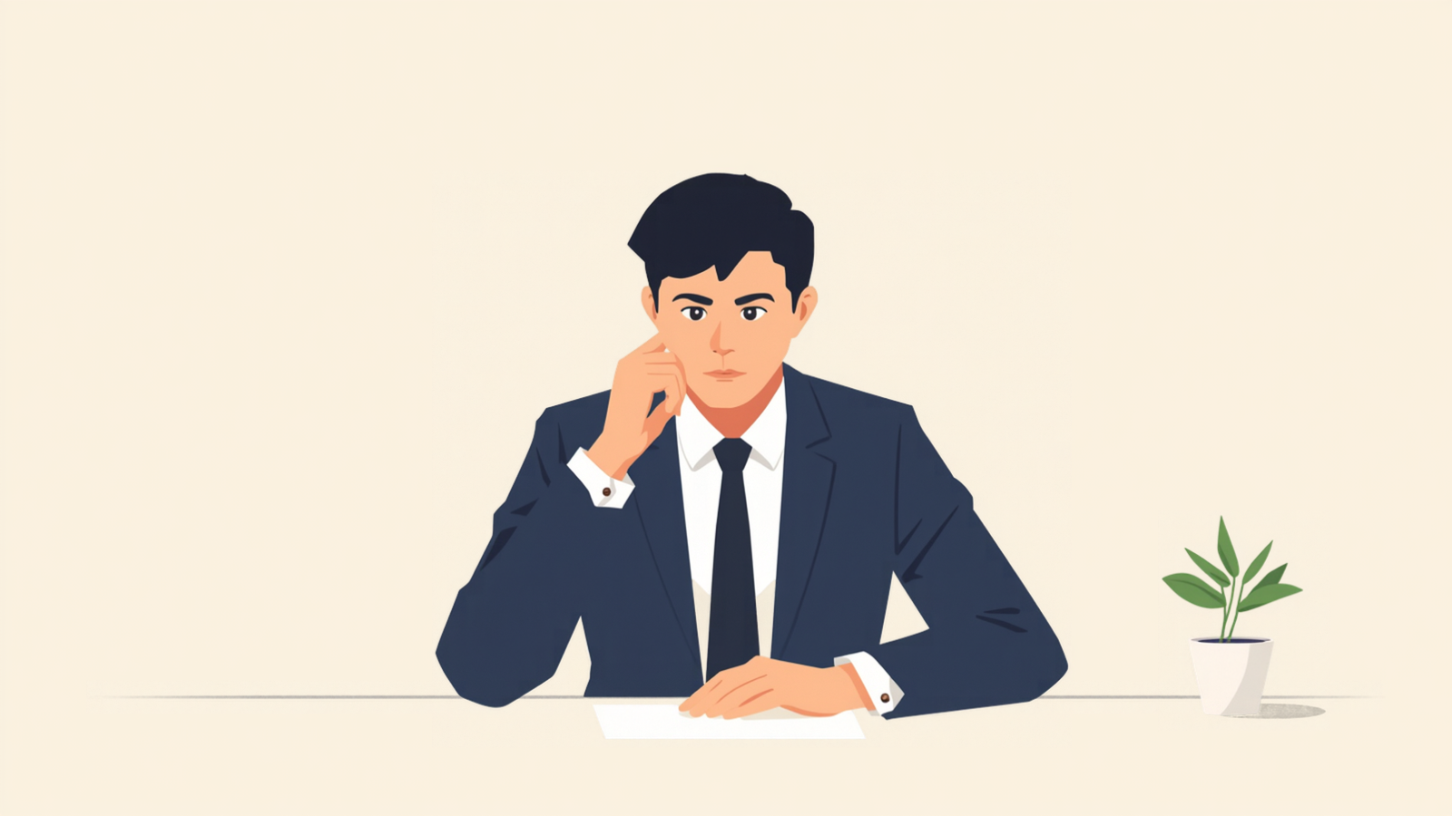 経営者が机の上の白い紙を前に、手を頬に添えて静かに考えているイラスト