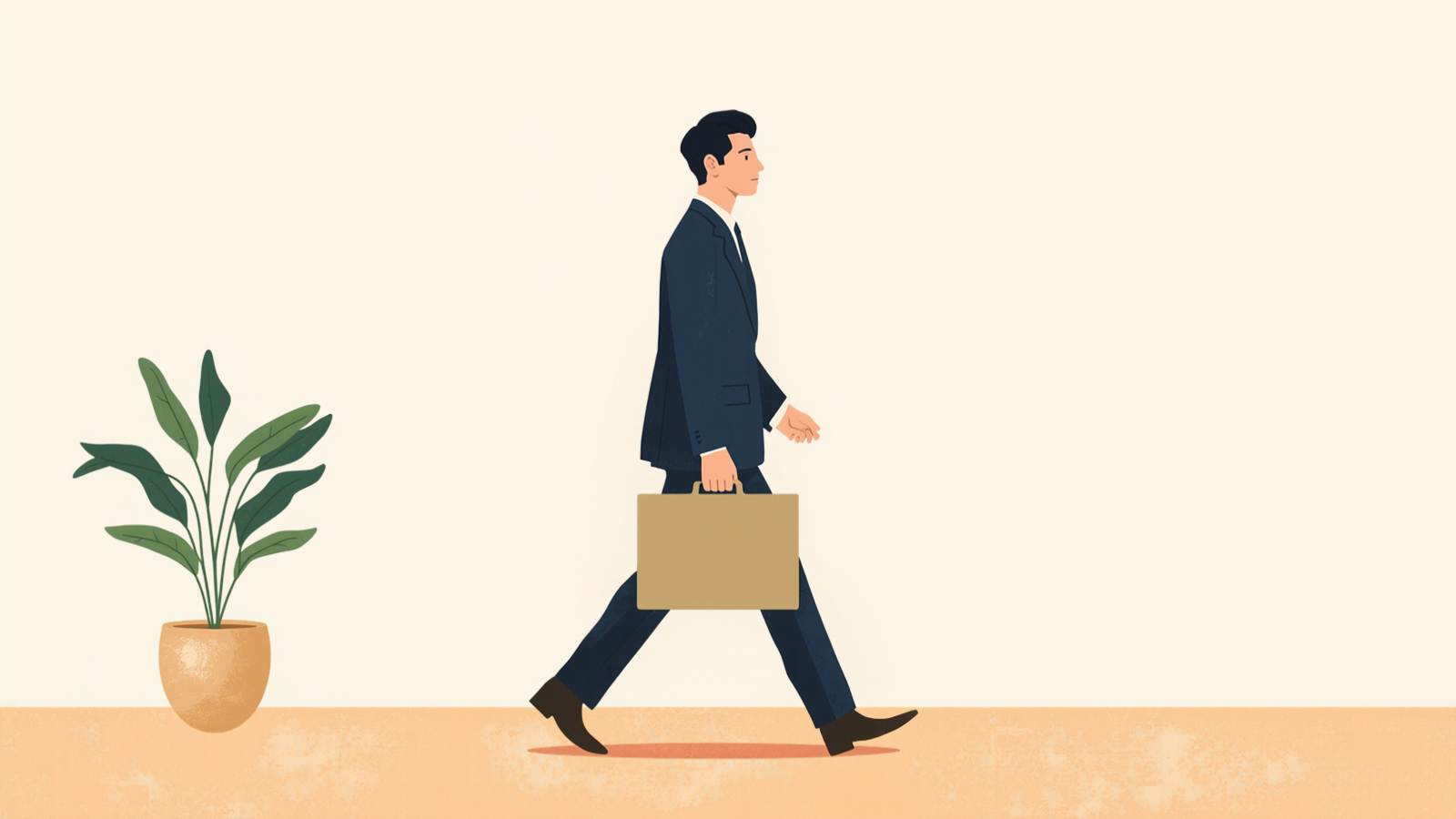 濃紺のスーツの経営者が、かばんを手に提げてオフィスを歩いて出ていくイラスト