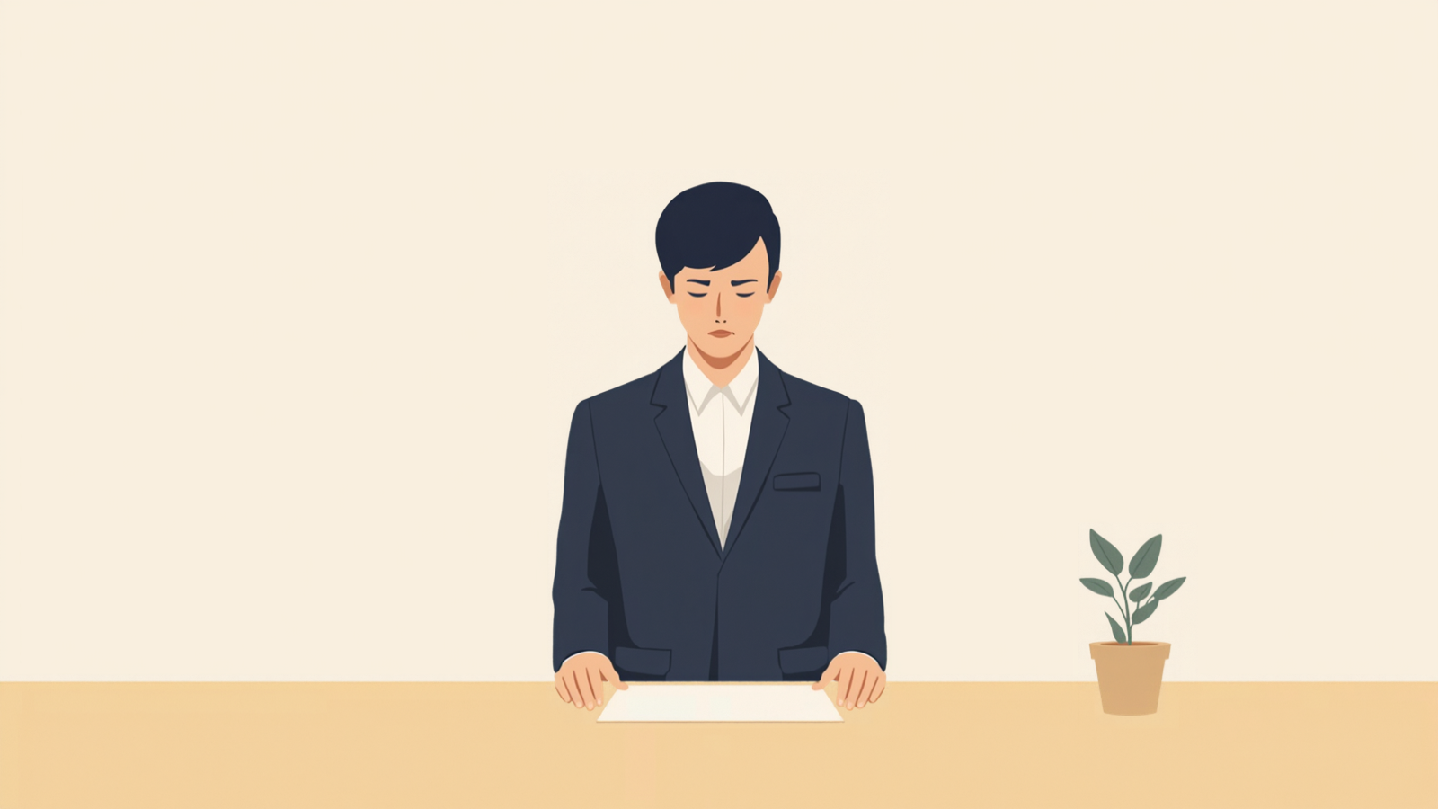 濃紺のスーツの経営者が机の手前に立ち、机の上の白い紙に両手を添えて目を落としているイラスト
