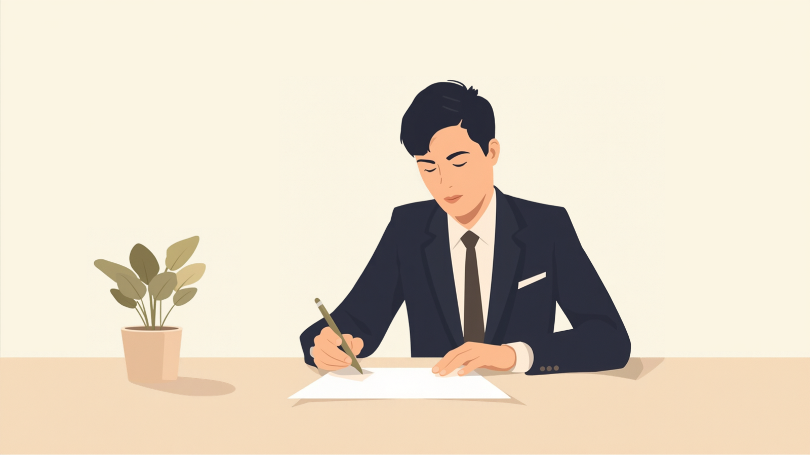 経営者が机に向かって座り、白い紙にペンで書き込んでいるイラスト