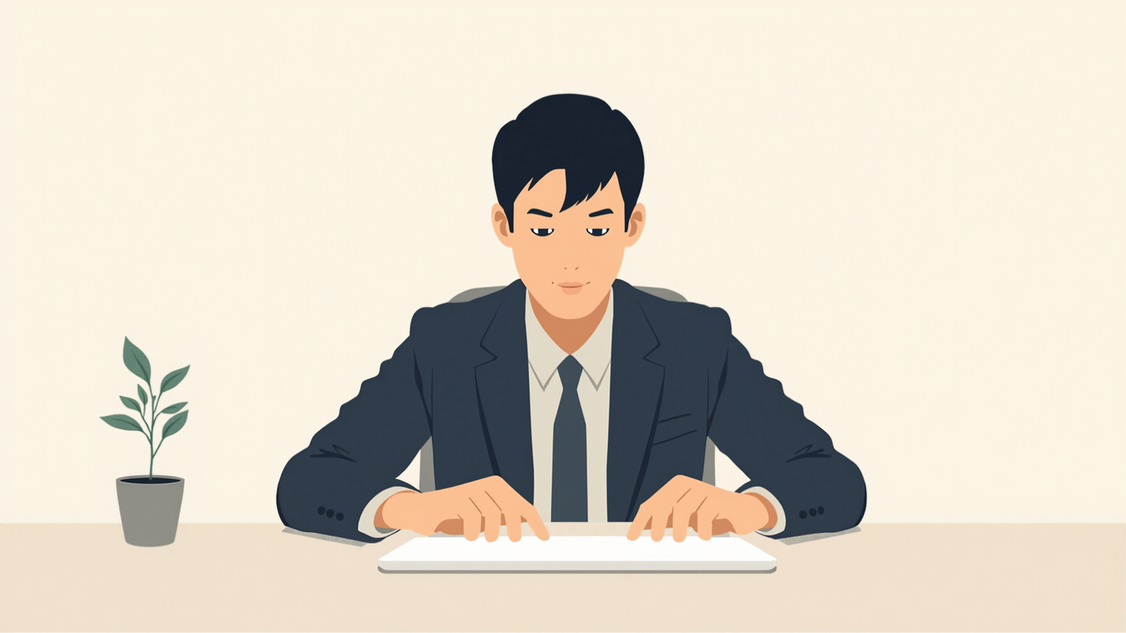 経営者が机の上のタブレットに両手の指先で触れ、その面に目を落としているイラスト