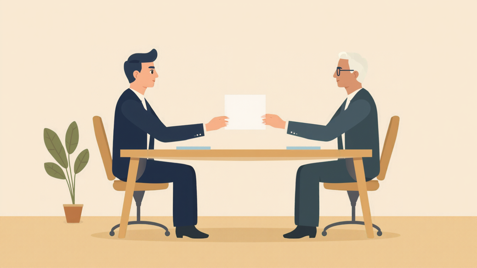 机をはさんで向かい合う経営者と白髪に眼鏡の税理士が、白い紙を1枚受け渡しているイラスト