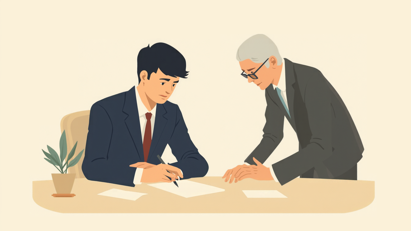 机に向かって座る経営者が白い紙にペンで書き込み、白髪に眼鏡の税理士が横に立って同じ紙をのぞき込んでいるイラスト