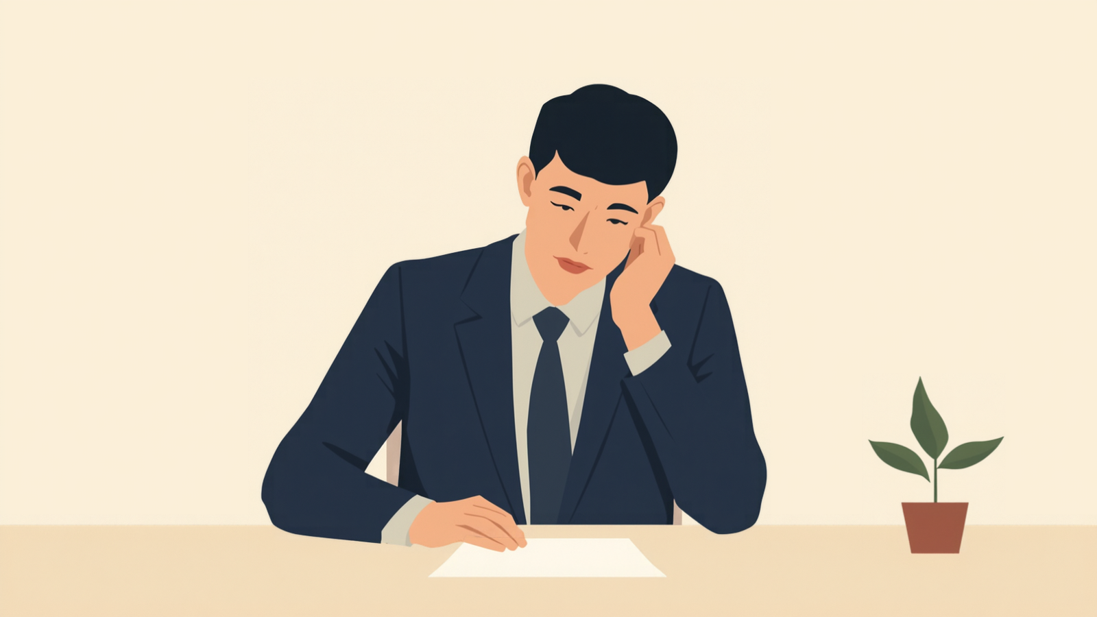 経営者が机の上の白い紙を前に、手を頬に添えて静かに考えているイラスト