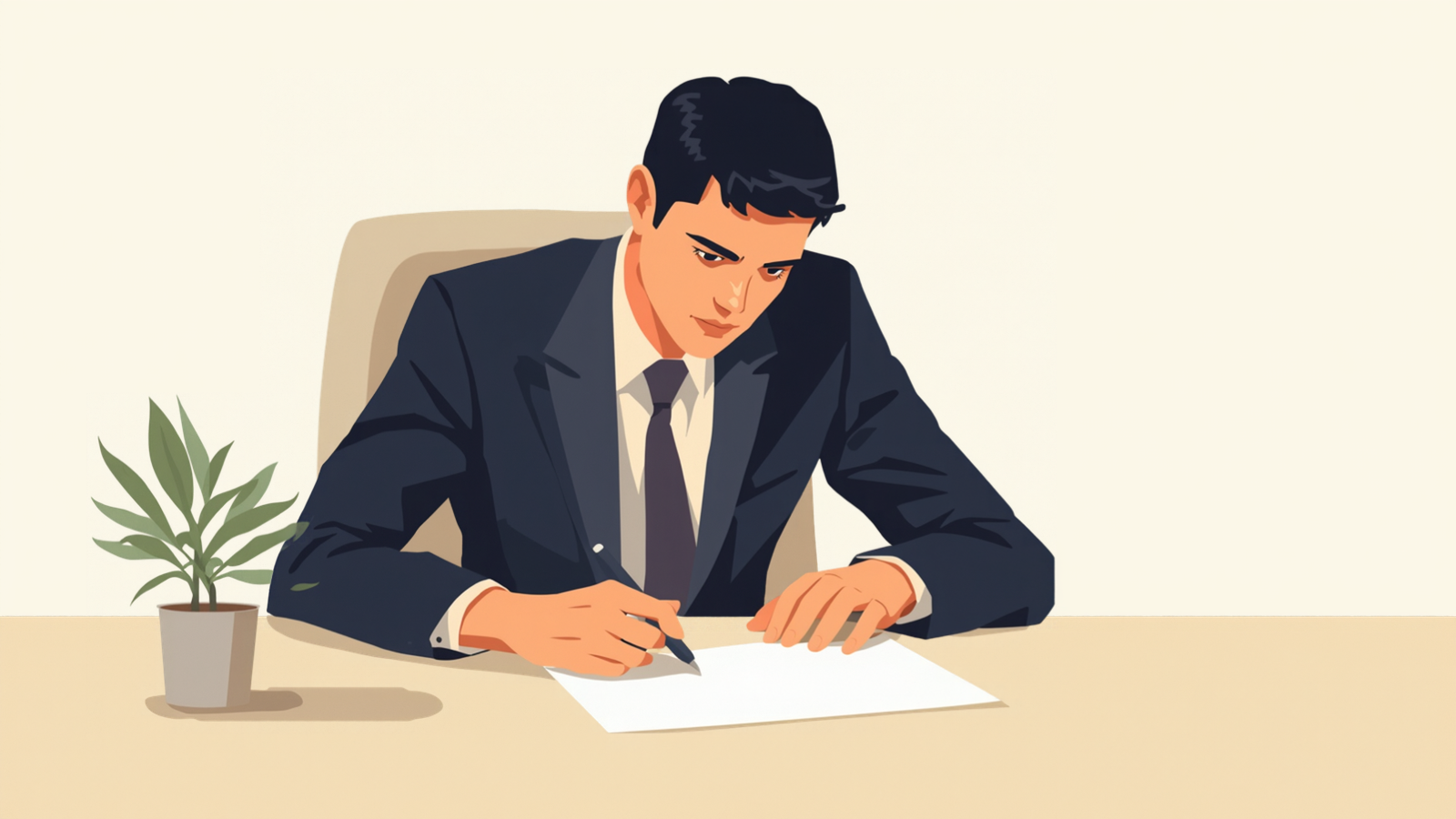 経営者が机に向かって座り、白い紙にペンで書き込んでいるイラスト