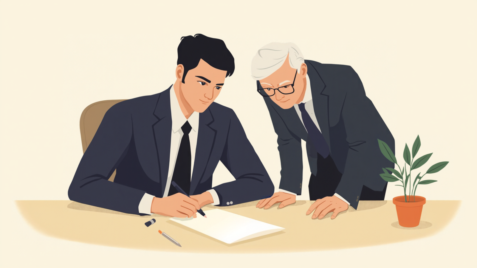 机に向かって座りペンで白い紙に書き込む経営者と、そのすぐ横に立って前かがみに同じ紙をのぞき込む税理士